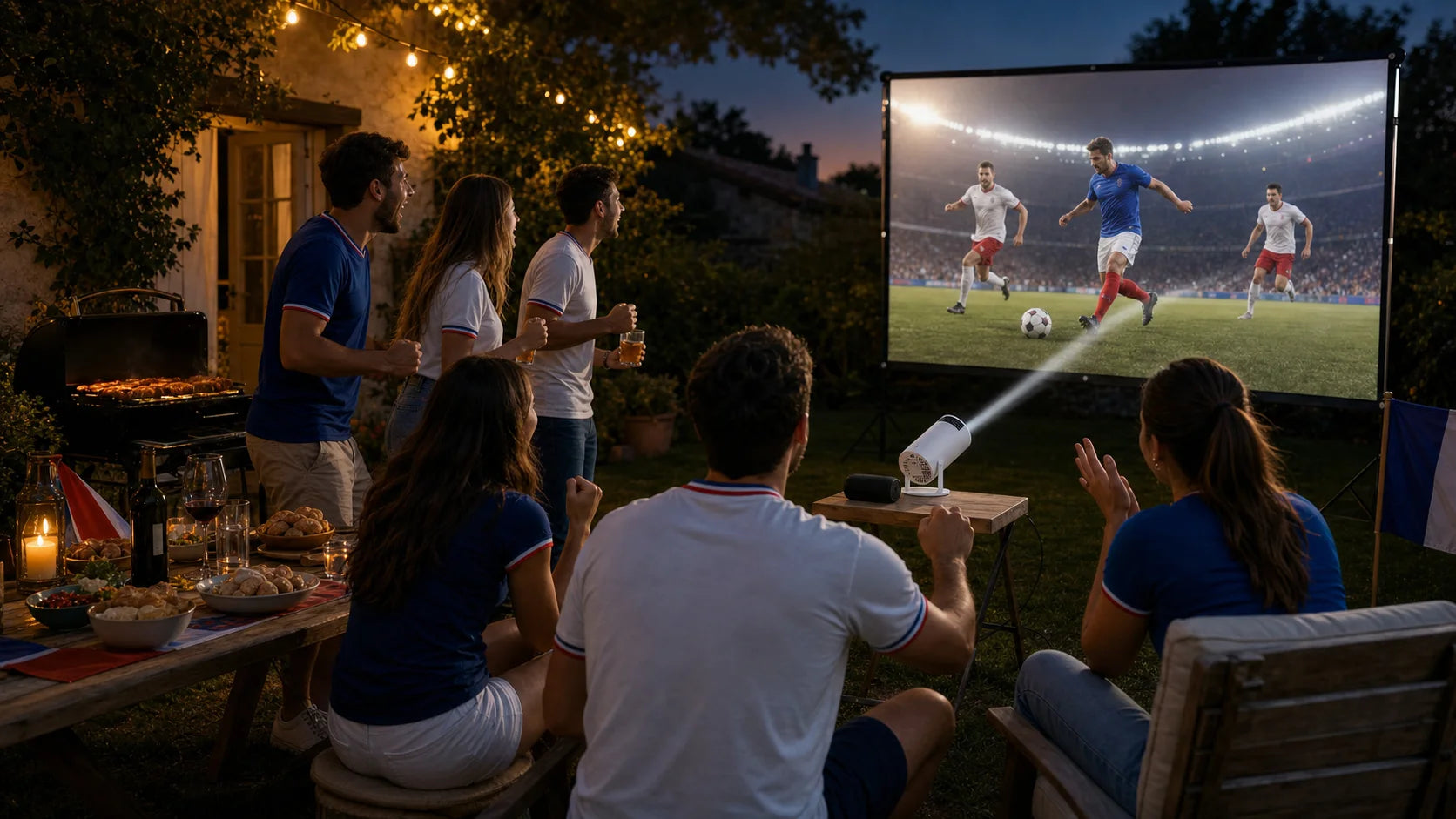 Soirée football dans un jardin avec le pack Gralvik ArenaBeam, écran géant, projecteur orienté vers l'écran et drapeaux français