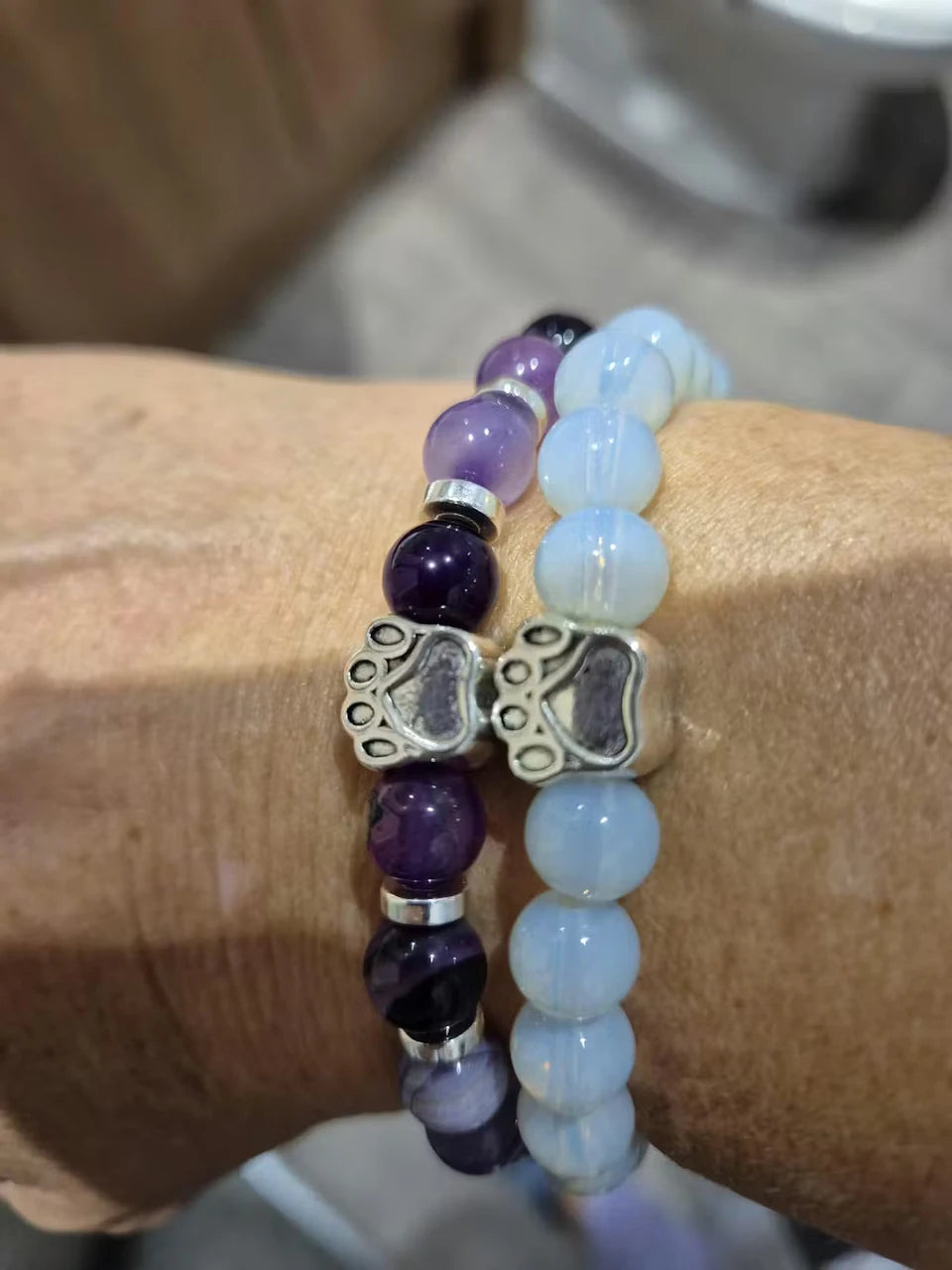Two mywoobles bracelets worn on the wrist