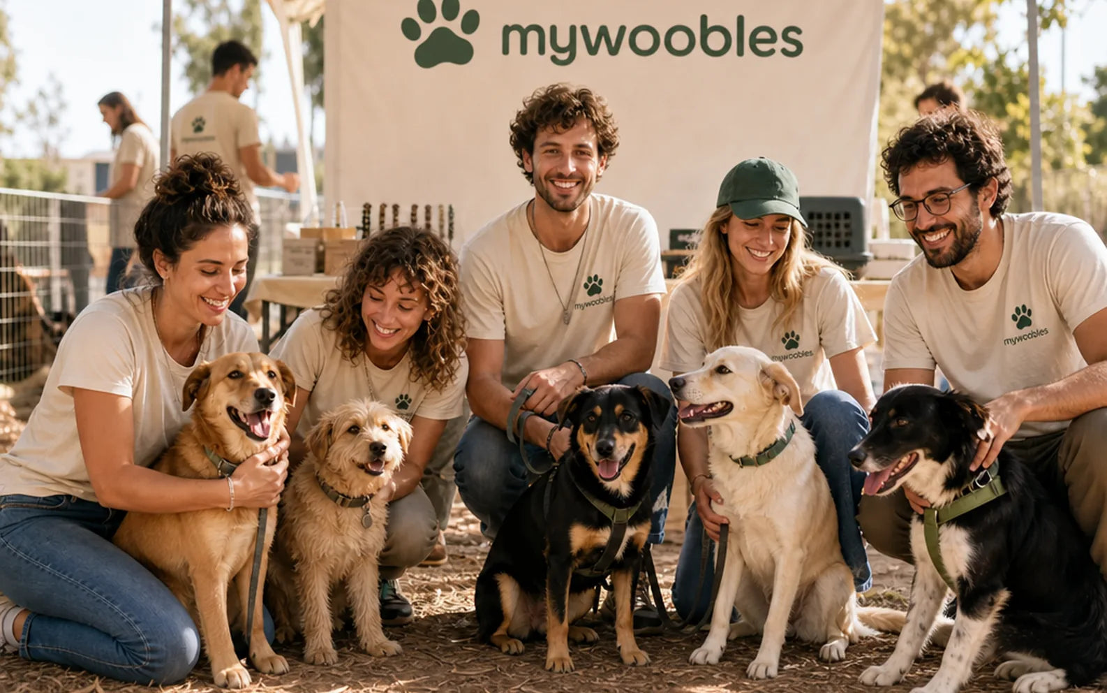 Équipe mywoobles avec des chiens secourus pendant un événement solidaire